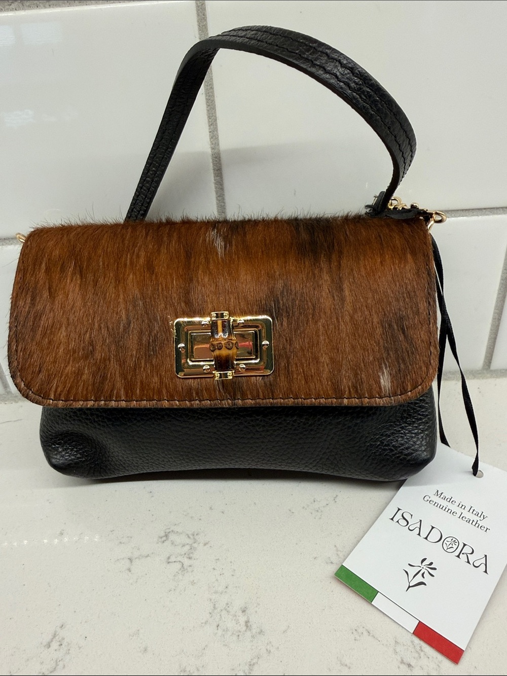 NWT Isadora Brown Haircalf & Black Leather Top-Handle Bag w/ crossbody chain